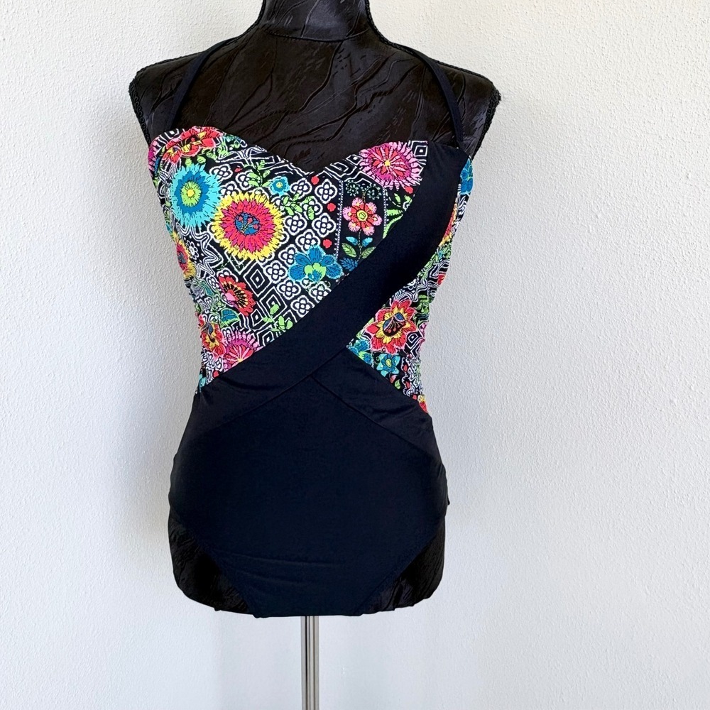Into The Bleu Floral Geometric One Piece Swimsuit 6 Black Multicolor